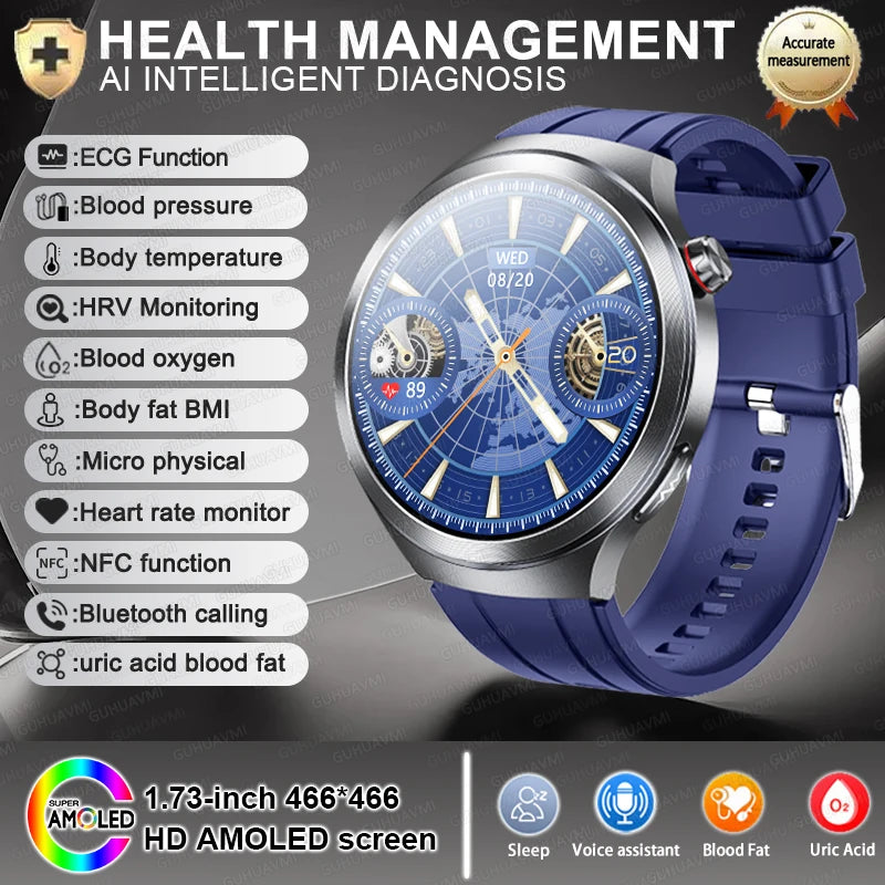 2026New 1.73-inch Sapphire AMOLED Smart Watch Men Women ECG Uric Acid Blood Pressure Health Track Call Clock Care Smartwatch NFC