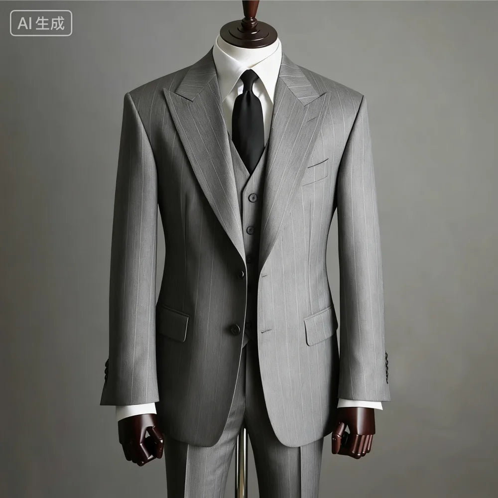 Elegant Men's Wedding Suit Brown Striped Formal Office Wedding Groom 3-Piece Blazer Vest Pants Set for Business Office