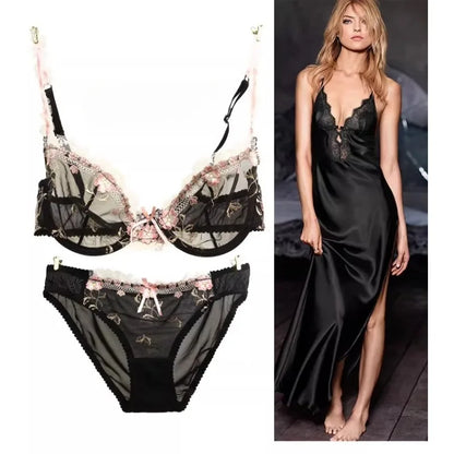 Ultra-thin steel band bra, fashionable plus-size lace lingerie set, transparent comfy bra set, soft material, S-XL all-day wear