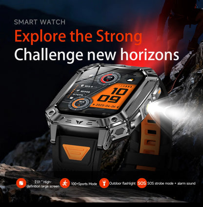 LIGE Wojskowy Inteligentny Zegarek 2.01'' Ekran HD Outdoor Sportowy Męski Zegarek SOS Czerwony Alarm Migająca Latarka Monitor Zdrowia Smartwatch