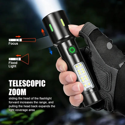 LED+COB Portable Flashlight Zoomable Small Torch USB Rechargeable Outdoor Camping Fishing Long Range Camping Emergency Lantern