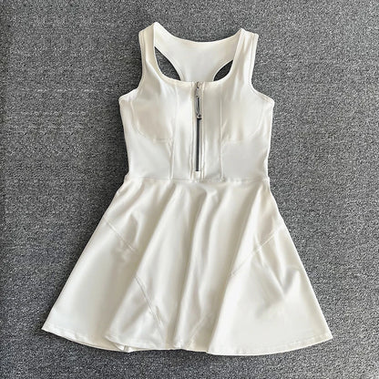 Tennis Skirt Casual Half Zipper Sports Fitness Dress Anti-Running High Waist Slim Golf Yoga Dress