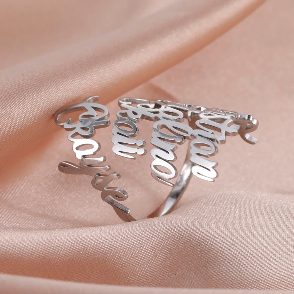 Custom Double First Name Finger Ring For Women Men Personalized Couple Wedding Gift Gold Color Stainless Steel Open Ring Jewelry