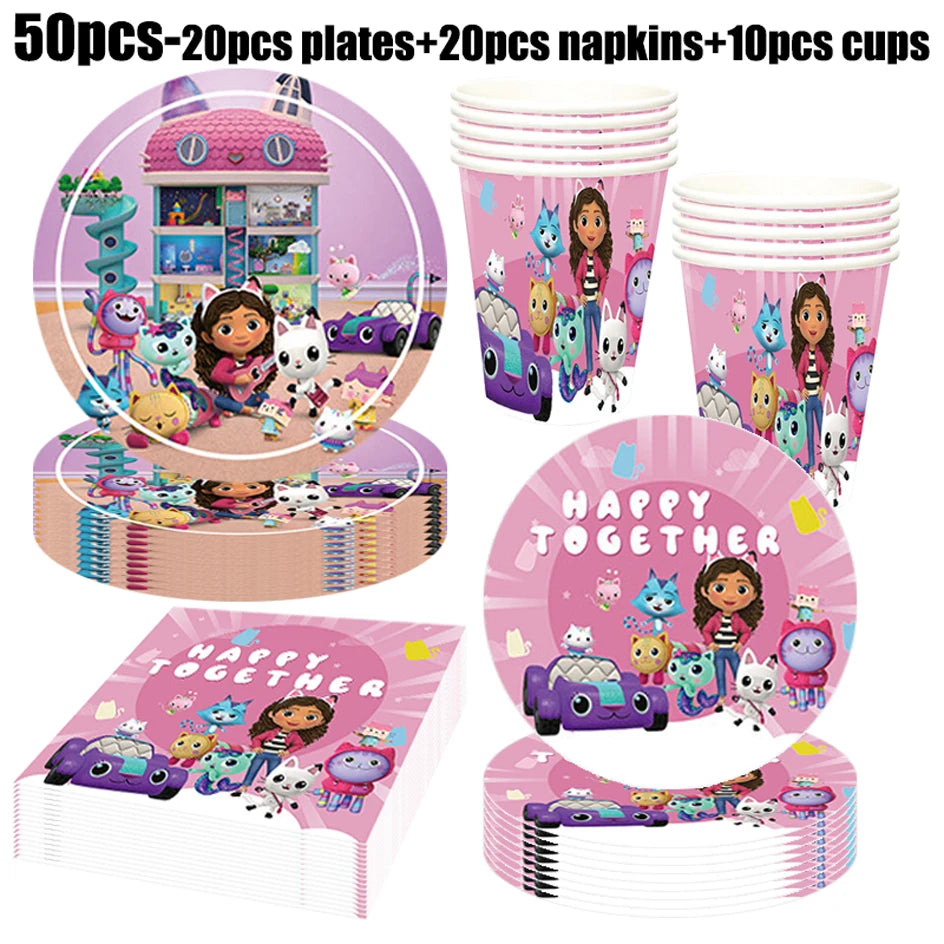 Gabby Dollhouse Birthday Party Supplies Plates Cups Tablecloth Napkins Gabby Cat Birthday Decoration Supply Kit Kids Party Favor