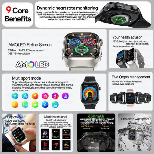 2026 New Professional-Grade Smart Watch Men ECG+PPG Uric Acid Body Fat Health Analysis IP68 Waterproof AMOLED Smartwatch Women