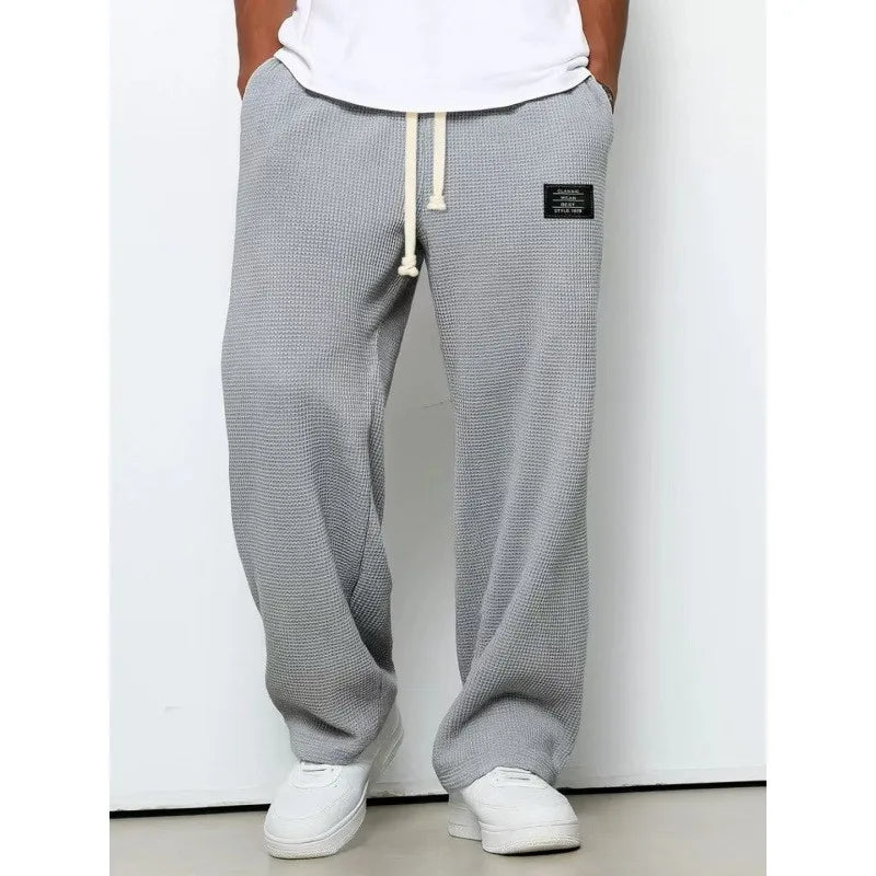 Men Waffle Knit Wide Leg Pants Elastic Drawstring Casual Trousers Loose Streetwear Workout Jogger PantsS-4XL