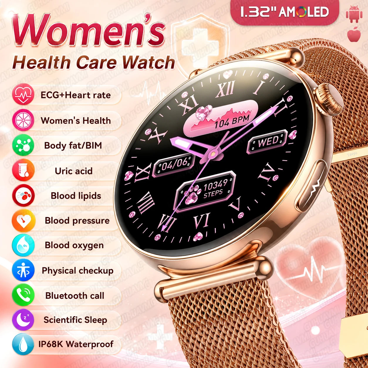 2026 New Women's Health Care Smartwatch ECG Blood Pressure Uric Acid Blood Lipids Sports IP68K Bluetooth call Fashion Smartwatch