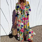 Women's Elegant Plus Size Pleated Short Sleeve V Neck Long Dresses Sweet Style High Waist Printed Dress Female Casual Loose Gown