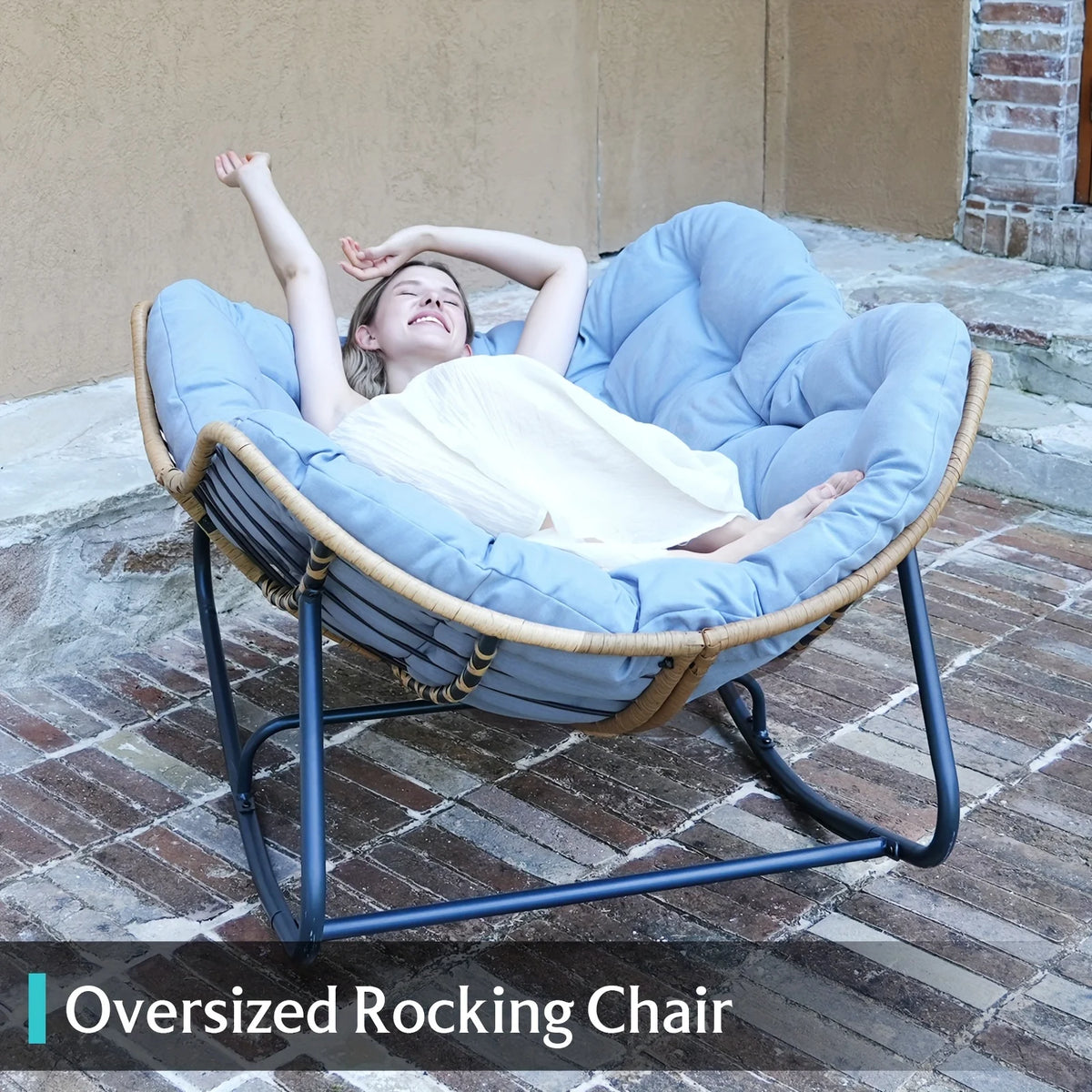 Outdoor Wicker Rocking Chair (with Cushion) — Modern Royal Egg-Shaped Rocking Chair with An Open-back Design, Ideal Furniture