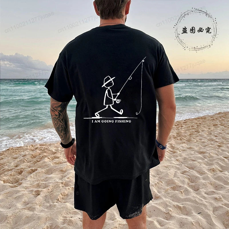 Men's Fishing Graphic T-shirt Black with Fisherman Front Back Print T-Shirts Summer Tee Fishing Trip Personality Male Tee Tops