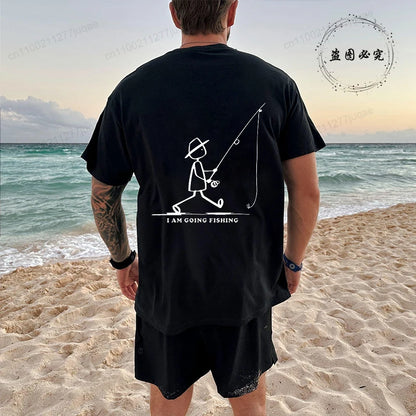 Men's Fishing Graphic T-shirt Black with Fisherman Front Back Print T-Shirts Summer Tee Fishing Trip Personality Male Tee Tops