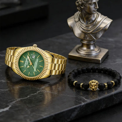 Luxury men's steel band watch calendar embossed atmosphere trend gold business quartz watch 2-piece set lion bracelet watch