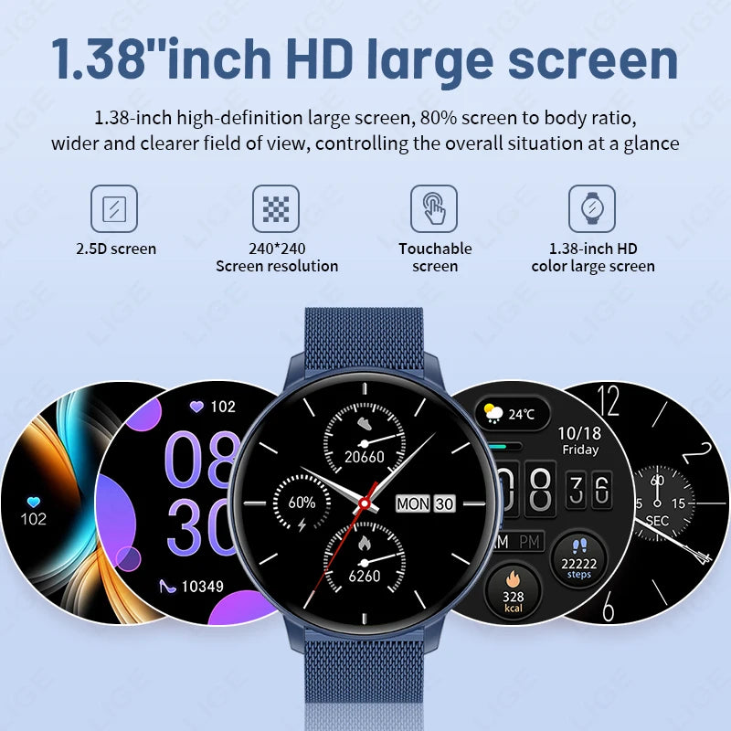 LIGE Nowy 1,38-calowy Smartwatch Zdrowotny Damski Połączenia Bluetooth Smartwatch Męski Monitorowanie Tętna Bransoletka Sportowa Odtwarzacz Muzyki 2026