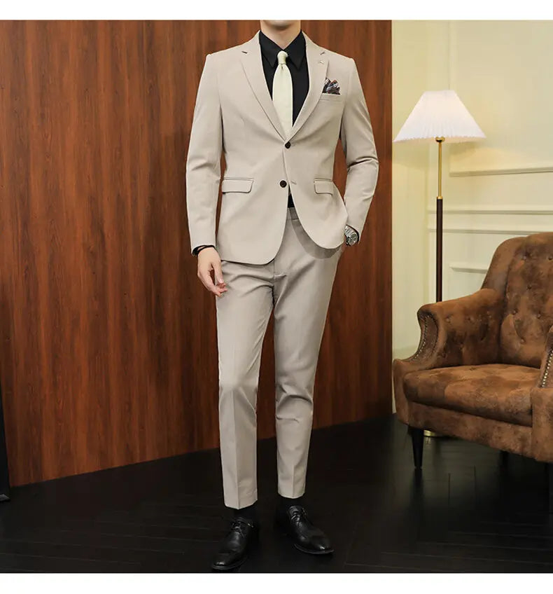 High quality Korean slim fit (suit + trousers) Fashion business handsome casual solid color wedding suit two-piece set