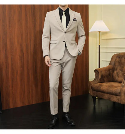 High quality Korean slim fit (suit + trousers) Fashion business handsome casual solid color wedding suit two-piece set