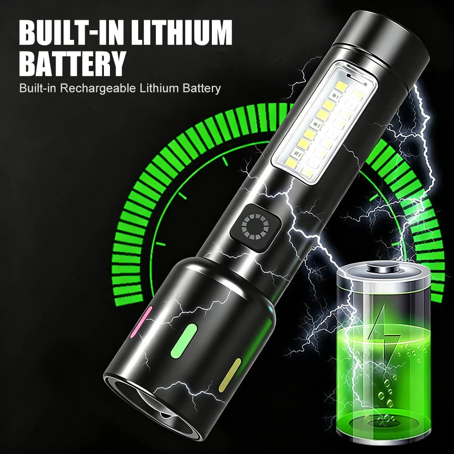 LED+COB Portable Flashlight Zoomable Small Torch USB Rechargeable Outdoor Camping Fishing Long Range Camping Emergency Lantern