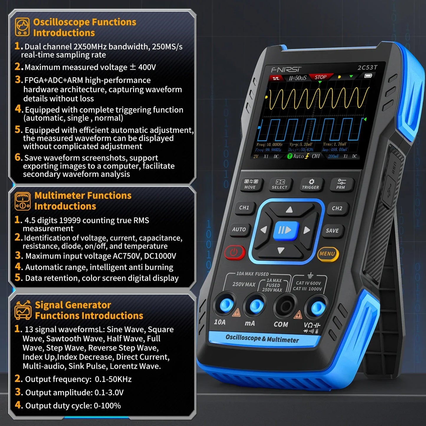 FNIRSI 2C23T 2C53T Upgrade 50MHz Handheld Digital Oscilloscope Multimeter Signal Generator 3 in 1 Dual Channel Automotive Tools