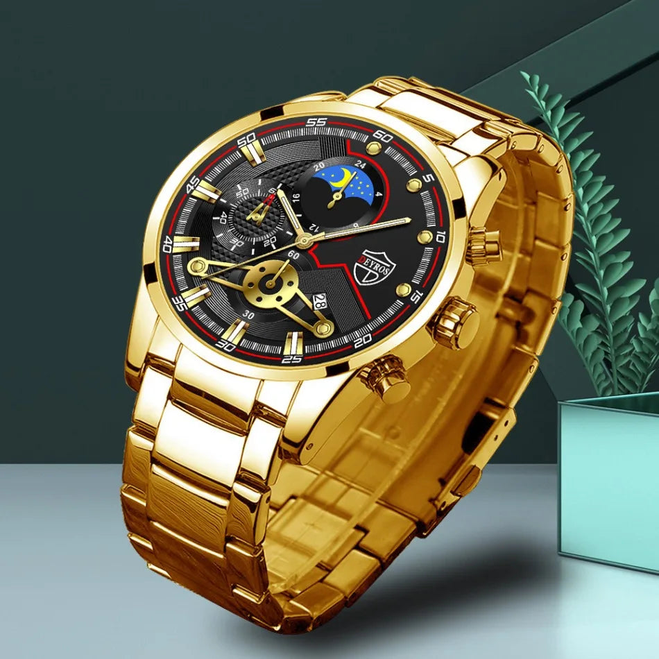 6P/Set Golden Quartz Watch Set for Men, Gold Business Casual Fashion Watch Set for Men