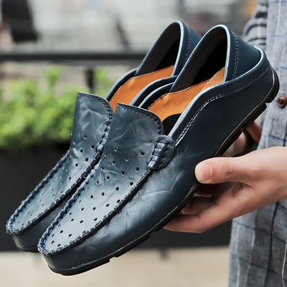 Men's Driving Shoes Large Size Loafers Hollow out Casual Bean Bean Shoes Leather Slip-On Footwear for Men