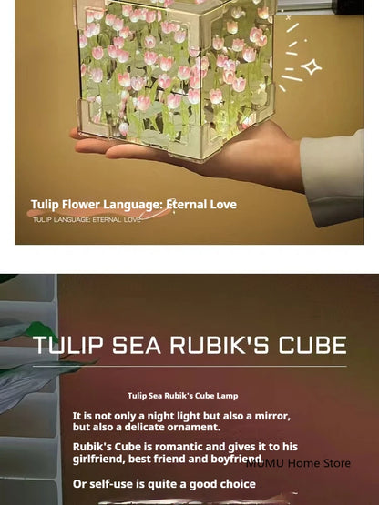 DIY 3D Cloud Tulip LED Night Light Flower Sea Mirror Table Lamps Cube Mirror Atmosphere Night Light Bedroom Decor Table Lamp