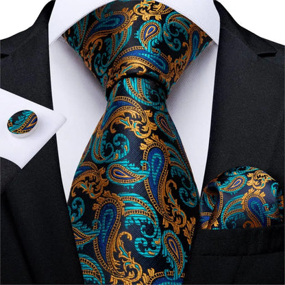 Fashion Men Tie Luxury Gold Black Dot Striped Paisley Silk Wedding Tie For Men DiBanGu Designer Hanky Cufflinks Gift Tie Set
