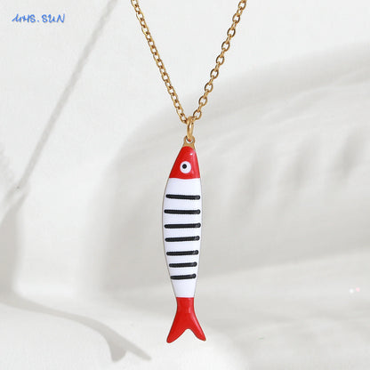 Cute Colorful Enamel Fish Pendant Necklaces For Women Girls Lovely Stainless Steel Gold Color Summer Waterproof Beach Jewelry