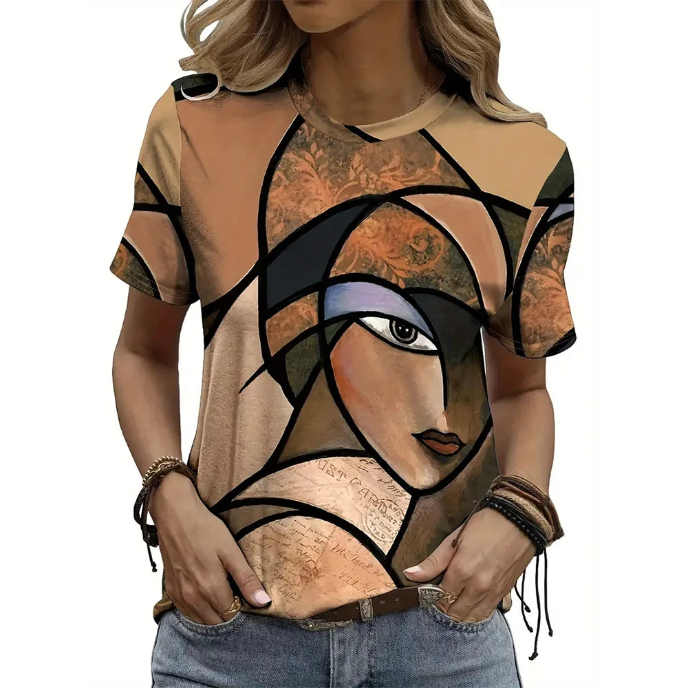 Summer Breathable Women's Fashion Short Sleeve T-Shirt Funny 3d Abstract Face Printed T-Shirts 2024 New Round Neck Tops Tees