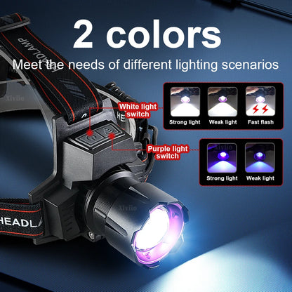 Ultra Powerful Led Headlamp Rechargeable Headlight Strong Light Head Torch UV Headlight Camping Hunting Front Light