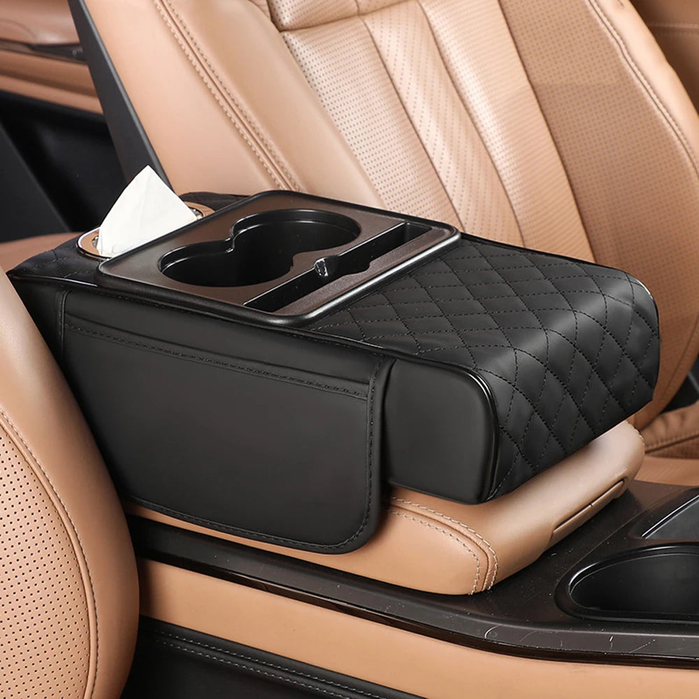 Car Armrest Box Multifunctional Thicken Height Pad Arm Rest Cushion with Pocket Tissue Cup Holder PU Elbow Support Height Pad