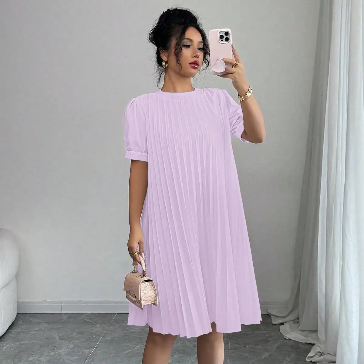 Women's Pure-Color Pleated Puff Sleeve Midi Dress - Elegant Round Neck Loose A-Line Swing Dress for Office, Casual Daily Holiday