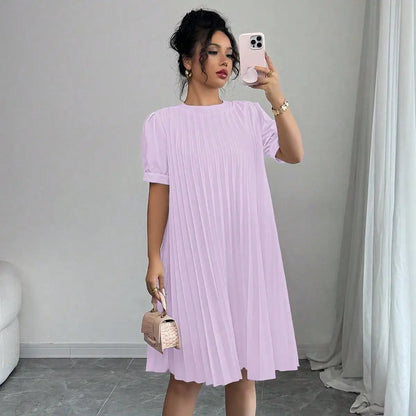 Women's Pure-Color Pleated Puff Sleeve Midi Dress - Elegant Round Neck Loose A-Line Swing Dress for Office, Casual Daily Holiday