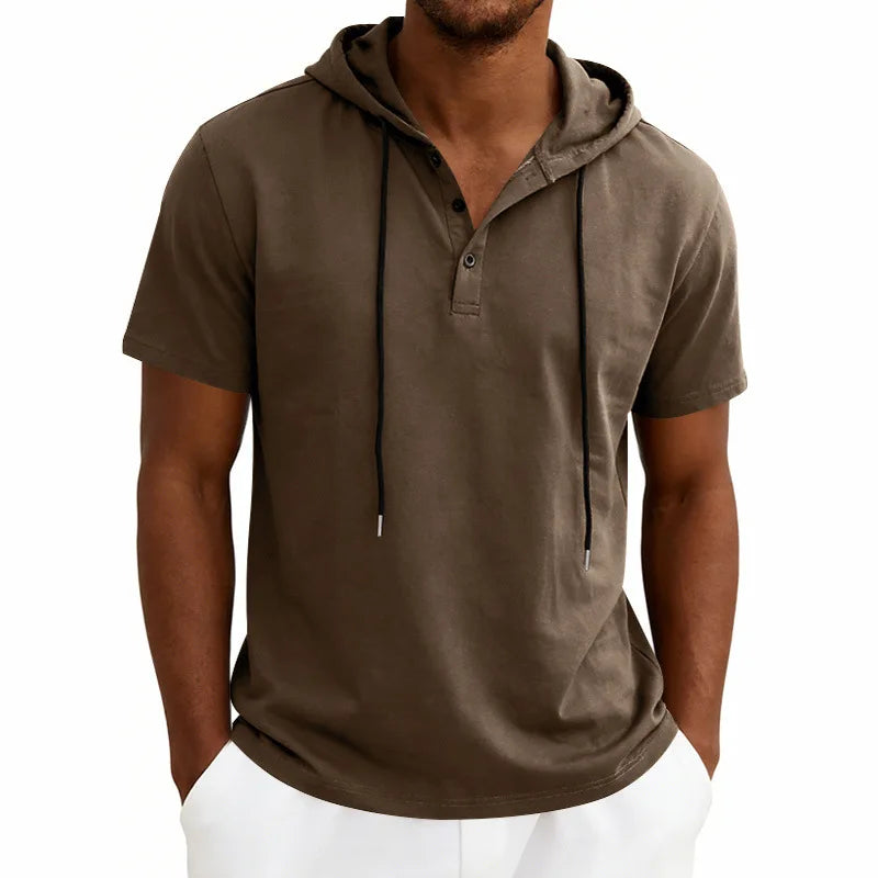 Summer Men's Short Sleeve Hooded T-Shirt Henry Neckline Drawstring Design Casual Loose Breathable Sporty Vest