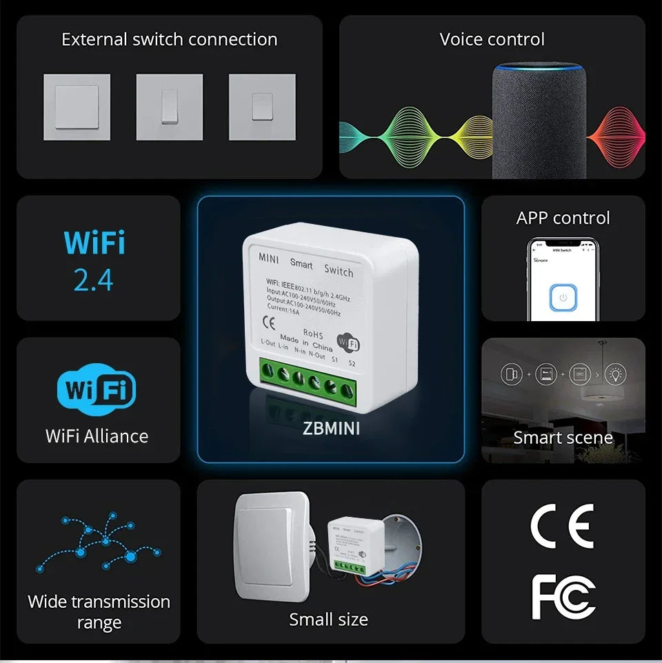 Tuya WiFi Smart Switch 16A 20A RF 433Mhz Relay Breaker Module 2-Way Control Smart Life App Remote Works with Google Home Alexa