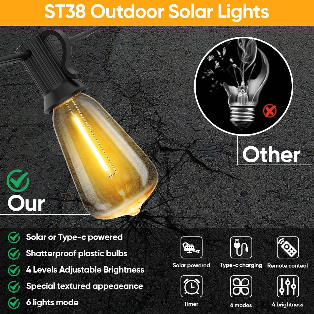 10M 18M 30M Solar String Light ST38 Led Filament Bulb 24V Shatterproof Solar Festoon Garland For Patio Party Garden Decorection