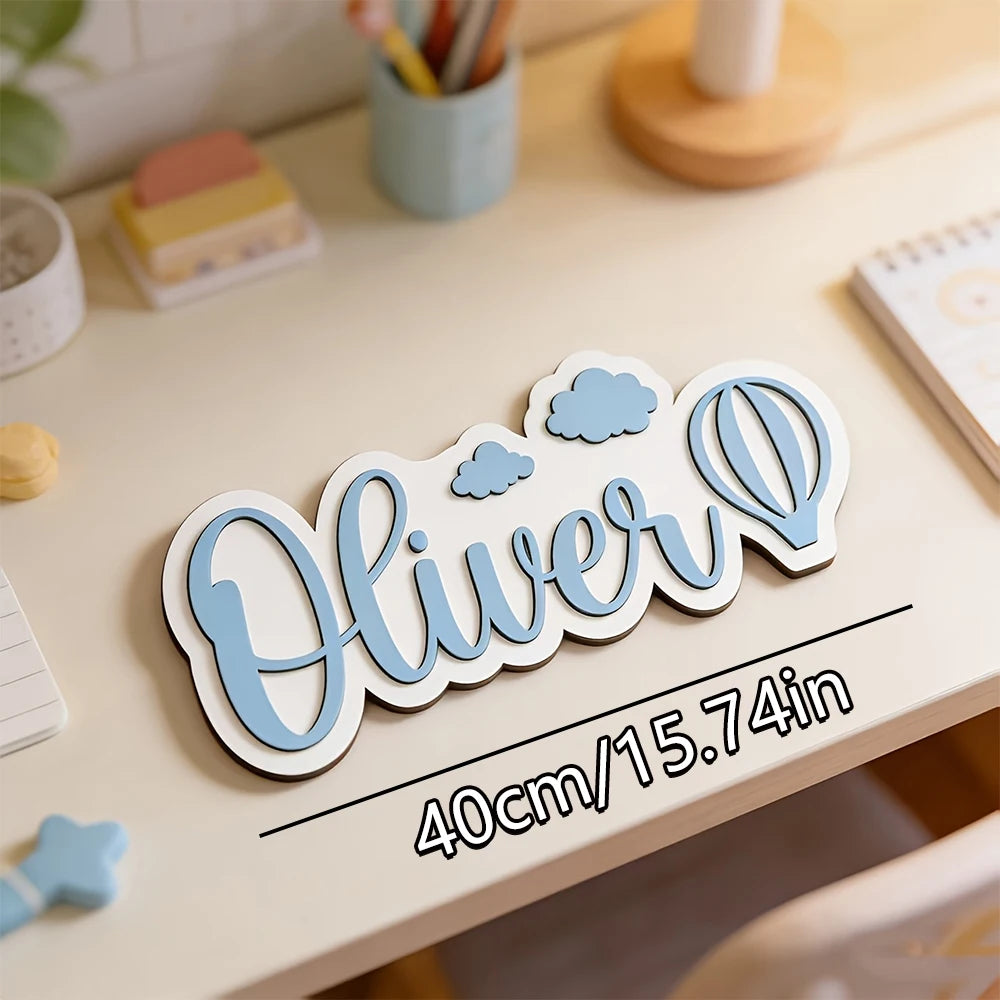 Custom Name Hot Air Balloon Cloud 3D Wooden Name Sign, Personalized Girl Nursery Wall Plaque, Kids Bedroom Table Decor