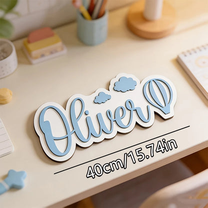Custom Name Hot Air Balloon Cloud 3D Wooden Name Sign, Personalized Girl Nursery Wall Plaque, Kids Bedroom Table Decor