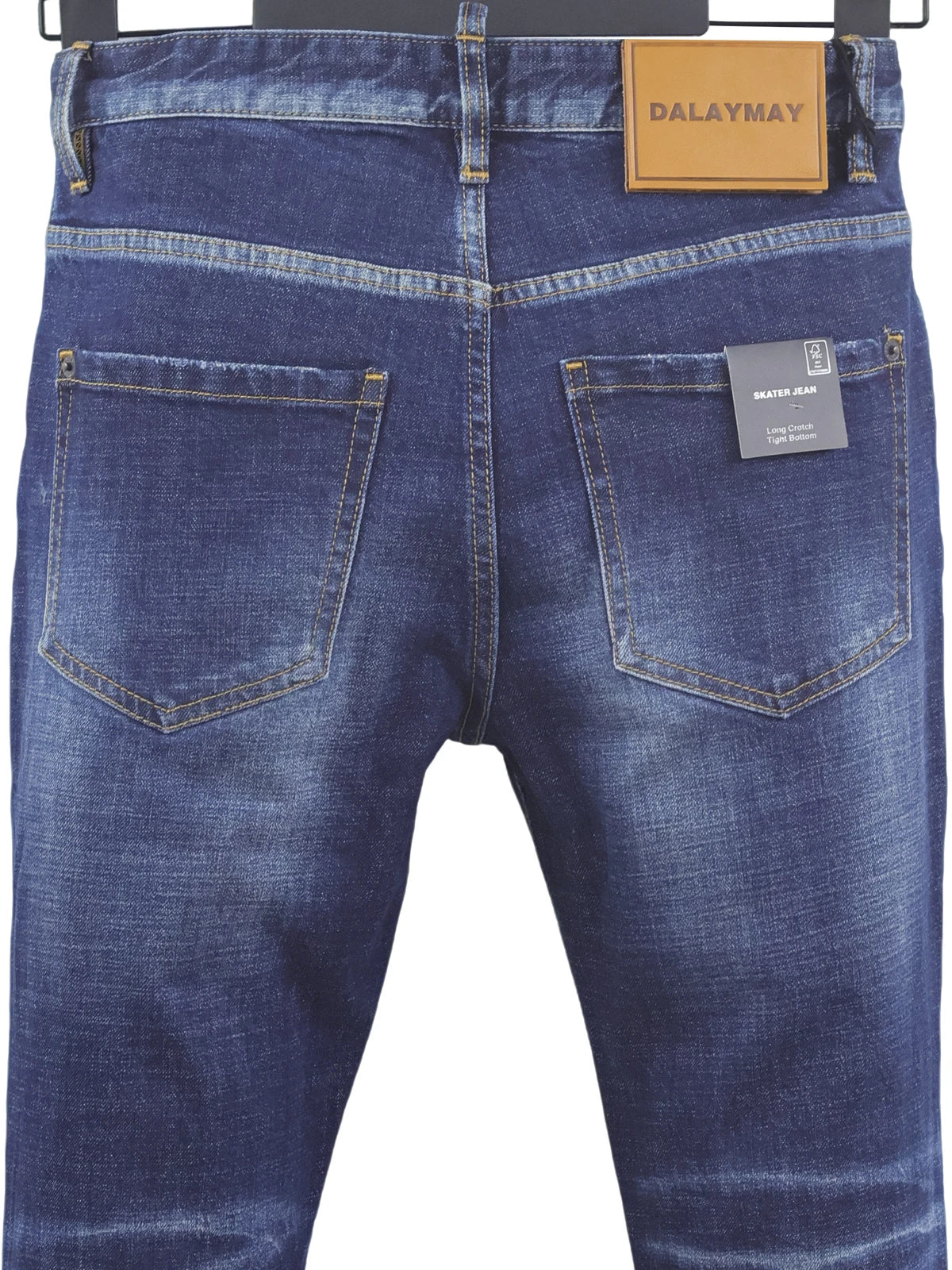 6057 Four Seasons New Men's Wear Washed Ripped Patch Paint Slim-fit Feet Blue Jeans for Men