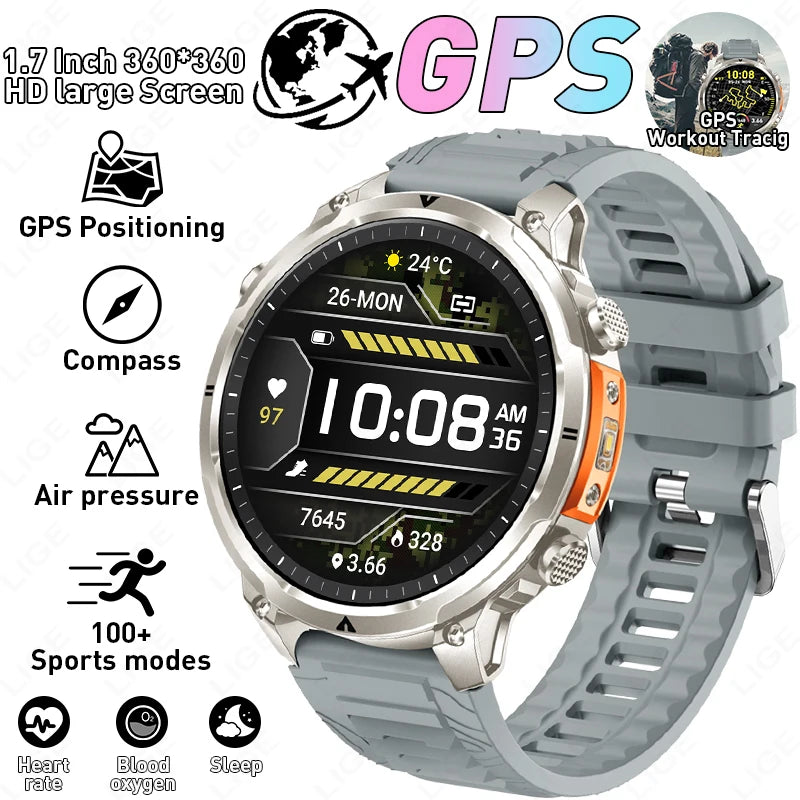 LIGE 2026 Nowy Męski Wojskowy Zegarek Smartwatch GPS Mapa Kompas Pamięć 4GB Bateria 1000mAh Wodoodporność 10ATM Rozmowy Bluetooth HD