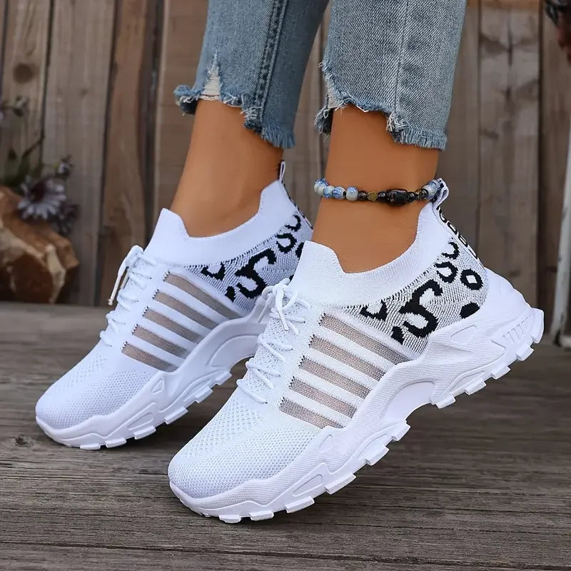 Leopard Print Knit Women's Sneakers Breathable Mesh Lace Up Casual Walking Shoes Non-Slip Thick Sole Fashion Sport Trainers for