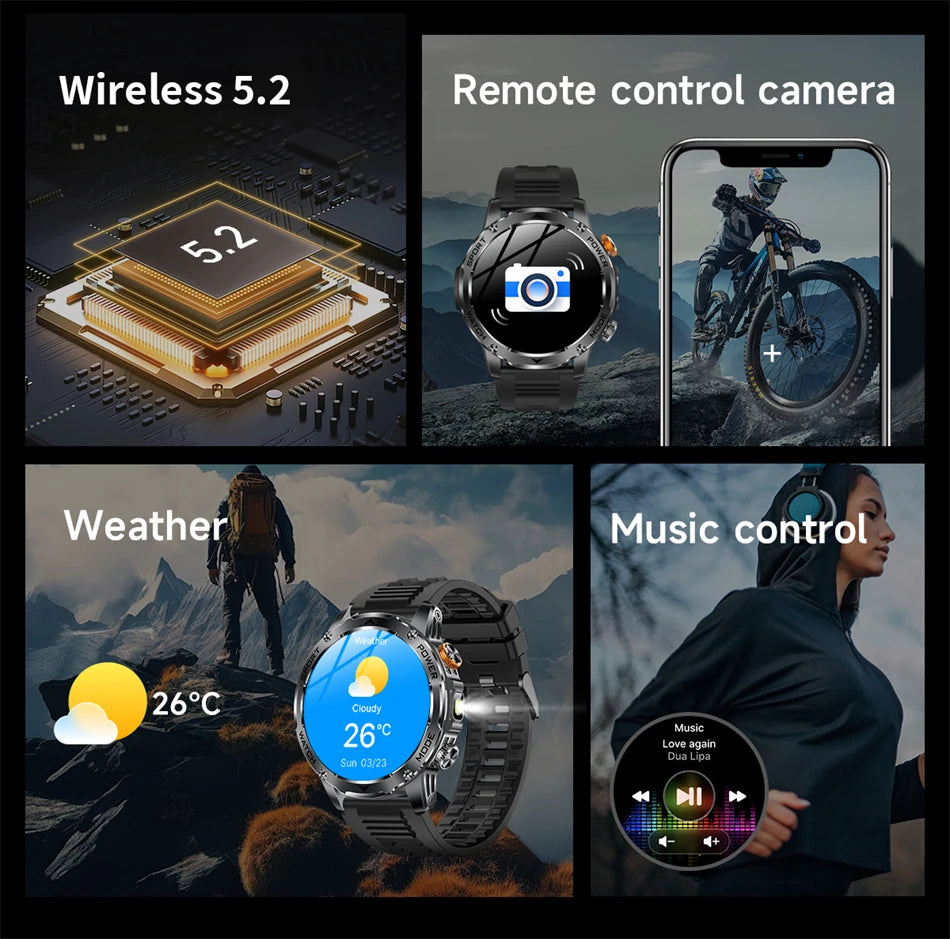 LIGE Military Smart Watch Men 1000mAh Battery Outdoors LED Flashlight Waterproof Heart Rate Sport BT Call 1.7" AMOLED Smartwatch