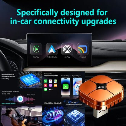 2026 4in1 New Upgrade Carplay Adapter Wireless Android Auto Mirror Link Smart MiNi AI Box USB Plug and Play Auto Connect WiFi