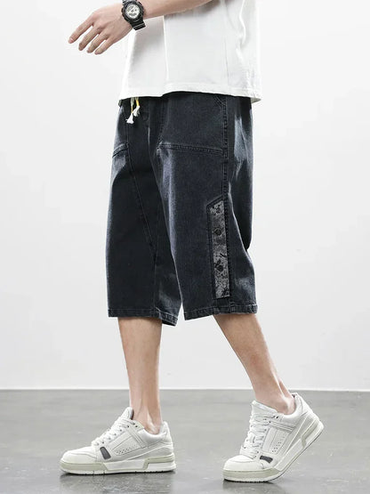 8XL Summer Men's Jeans Denim Breeches Calf-Length Casual Shorts Washed Cotton Drawstring Straight Capris Pants Big Size