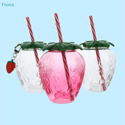 ✔Strawberry Shaped Plastic Cup With Straw Cute Water Bottle Portable Drinking Cup Beverage Cups For Summer Party Home Use