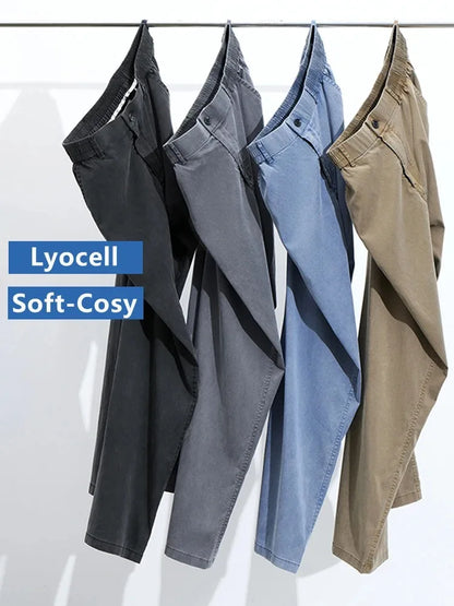 Ultra Thin Baggy Jeans Men's Summer New in Lyocell Soft Breathable Straight Trousers Elastic Waist Casual Blue Gray Wide Pants
