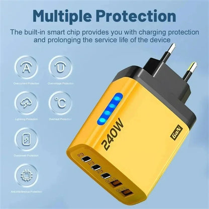240W GaN 2USB+3Type C Desktop Phone Charger With LED Light Multi Ports Quick Charge 3.0 Adapter For iPhone Samsung Huawei Tablet
