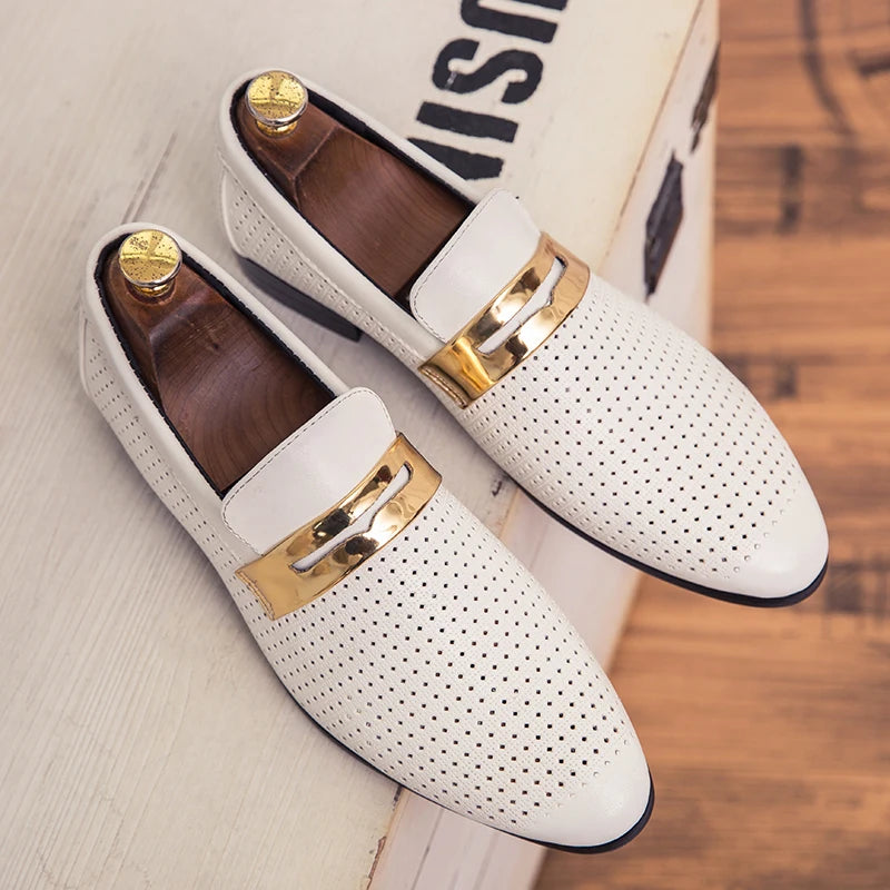 Men's summer hollow breathable double-layer casual shoes Men Slip on Wedding Dress Men's summer hollow breathable leather shoes