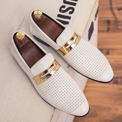 Men's summer hollow breathable double-layer casual shoes Men Slip on Wedding Dress Men's summer hollow breathable leather shoes