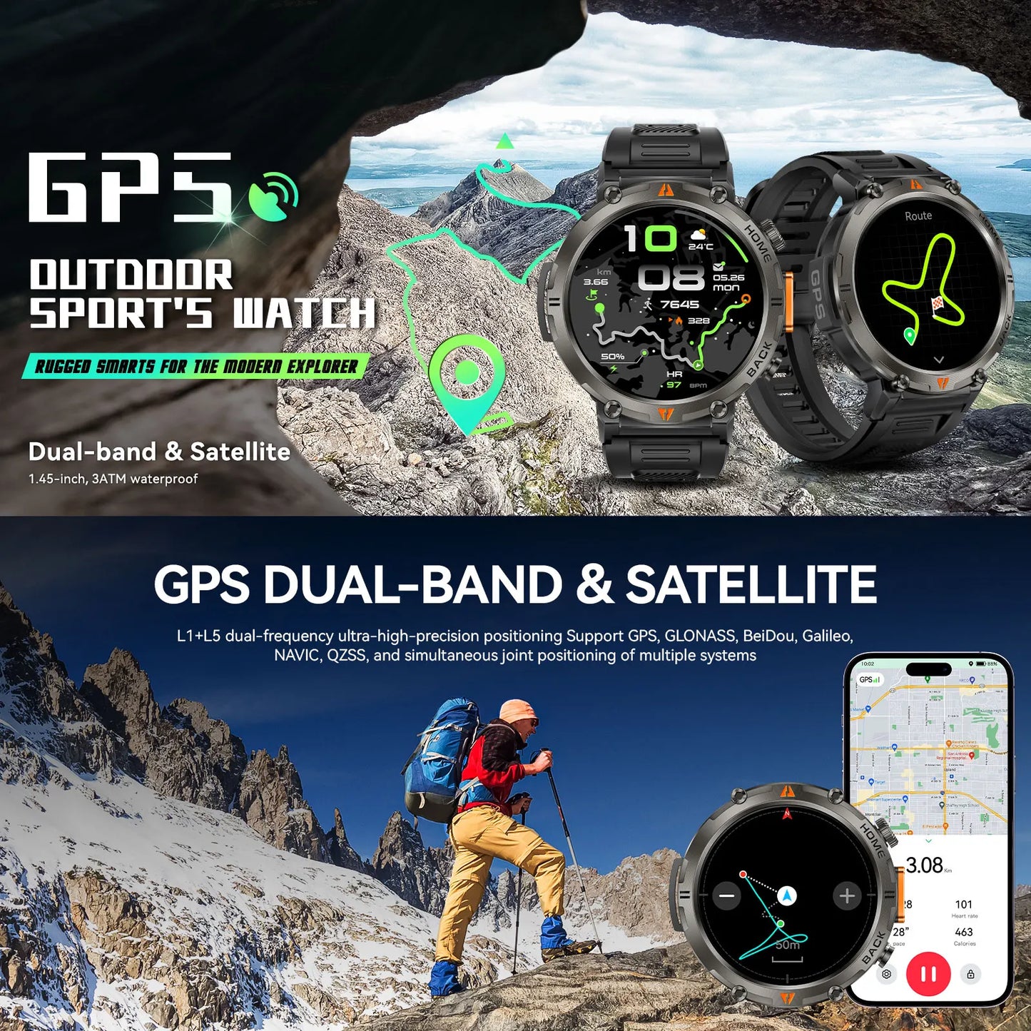EIGIIS KE3Pro Original Smart Watch for Men with LED Flashlightwith Heart Rate Sleep fitness Monitor with GPS Multiple Sport Mode