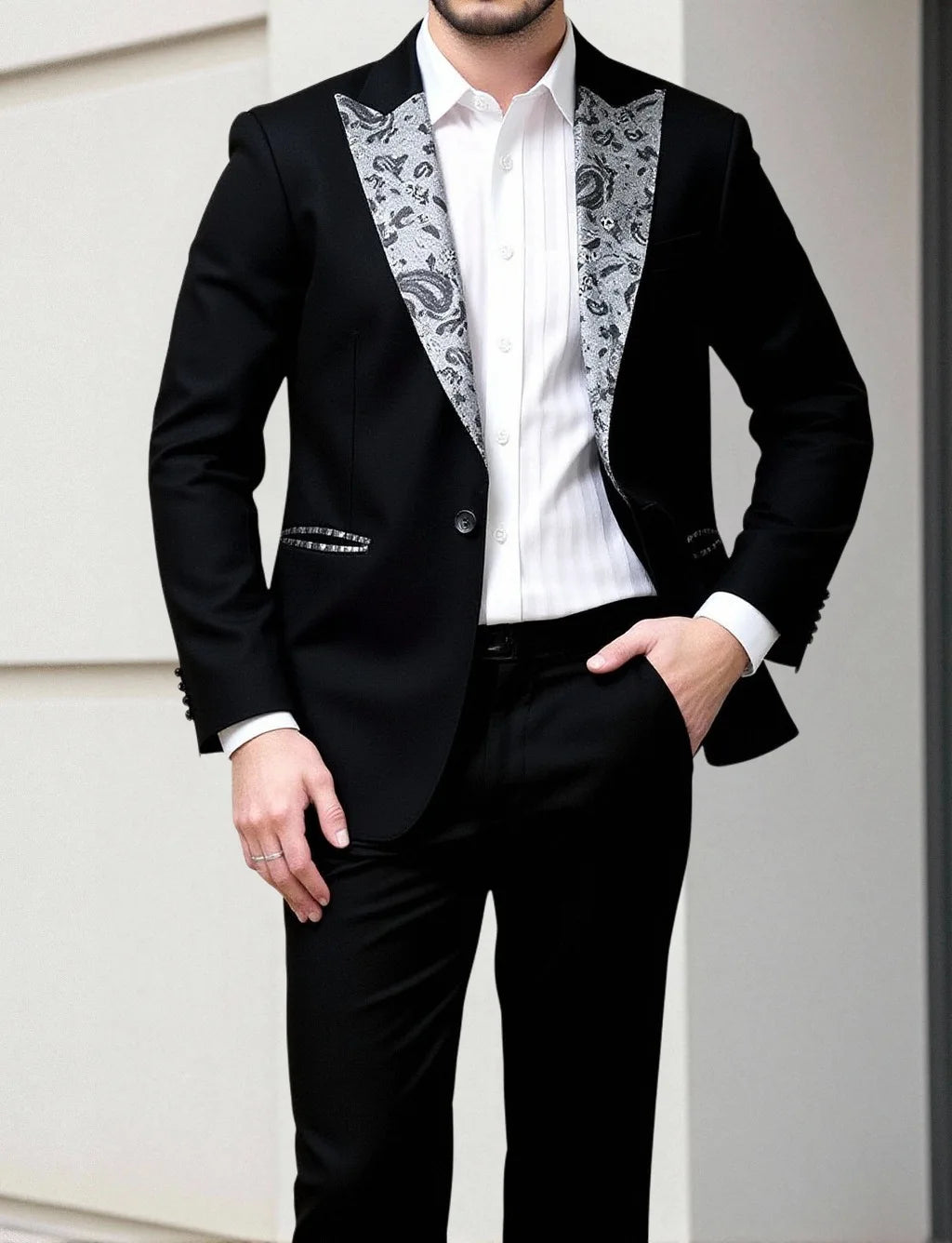 Men's Suit 2 Piece Set Floral Jacquard Tuxedo, Paisley Formal Blazer Jacket & Pants for Prom Banquet Wedding Dinner Party Black