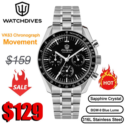 Watchdives WD1863 Quartz Watch VK63 Chronograph Movement Bubble Sapphire Crystal 10Bar Waterproof Luminous 39mm Vintage Watches